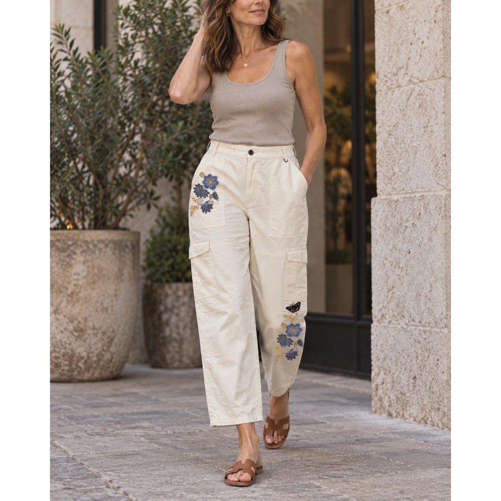 Sundance Starling Embroidered Floral Butterfly Cargo Pants Ivory P14